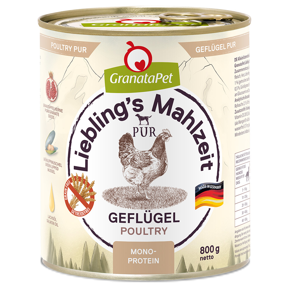 Granatapet Voordeelpakket: 24x 800g  Liebling's Mahlzeit PUR Gevogelte natvoer voor honden