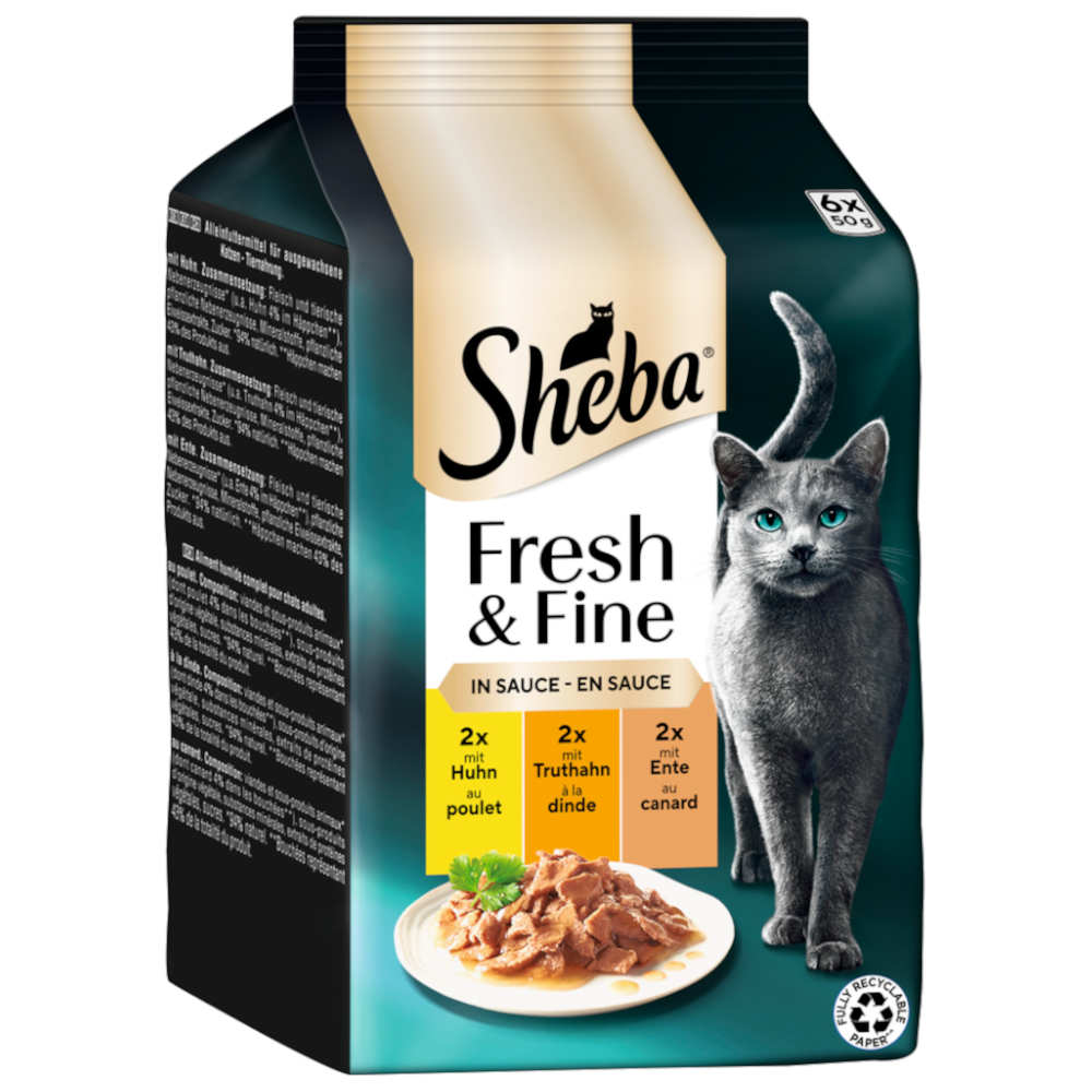 Sheba Megapack  Fresh & Fine Kattenvoer 6 x 50 g - Kip, Kalkoen & Eend in Saus