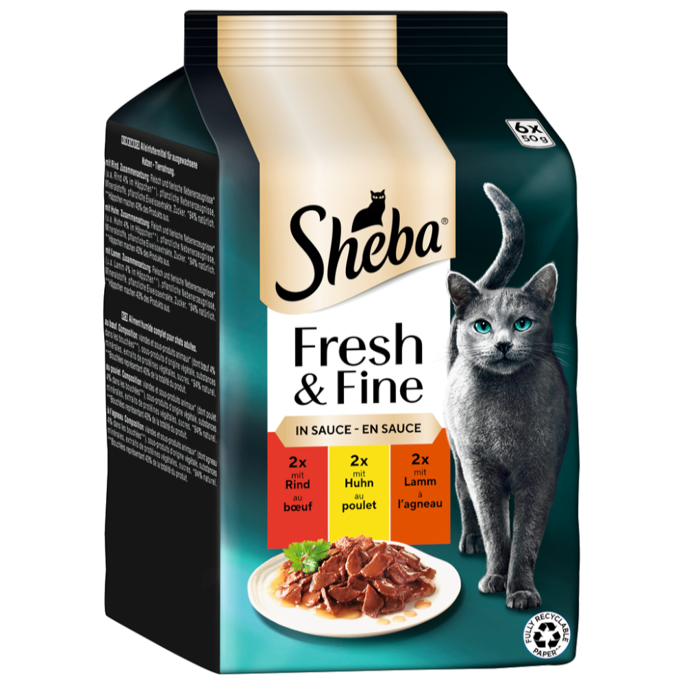 Sheba Megapack  Fresh & Fine Kattenvoer 6 x 50 g - Rundvlees, Kip & Lam in Saus
