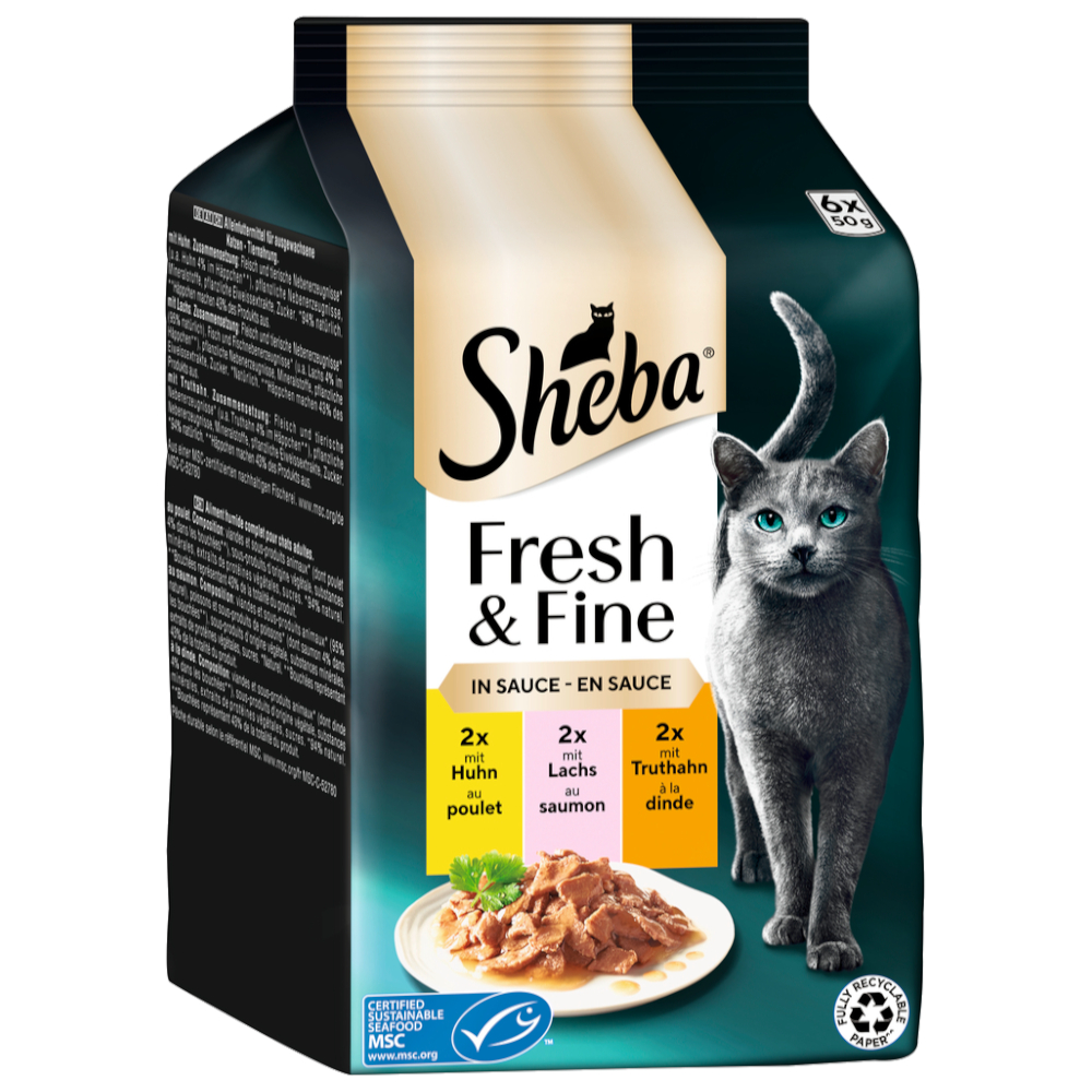 Sheba Megapack  Fresh & Fine Kattenvoer 6 x 50 g - Kip, Zalm & Kalkoen in Saus