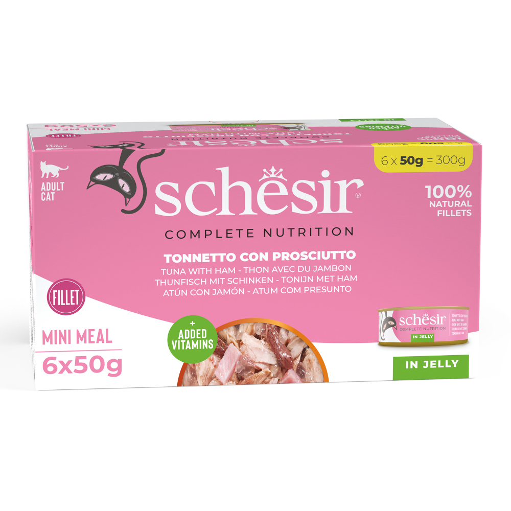 Schesir 6x50g Tonijn met ham Complete Voeding filet in gelei natvoer voor katten