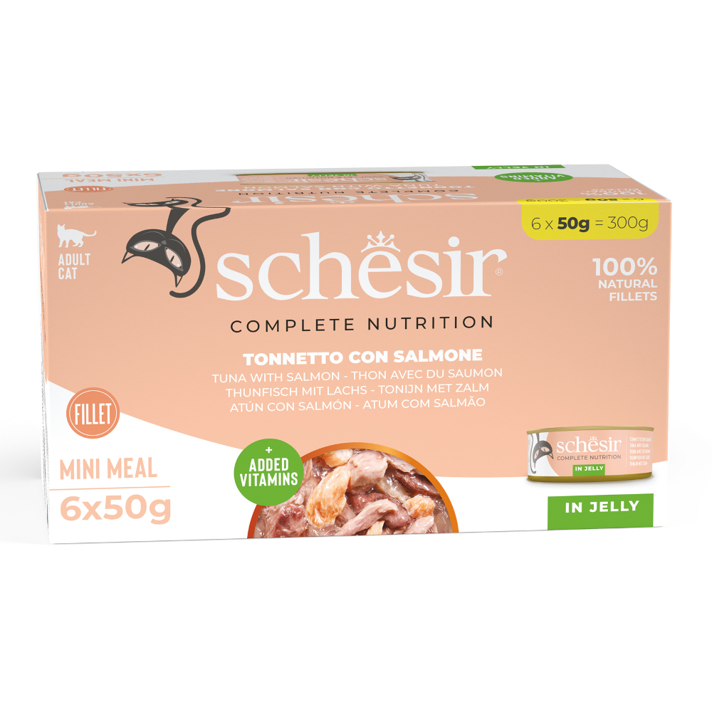 Schesir 6x50g Tonijn met zalm  Complete Voeding filet in gelei natvoer voor katten