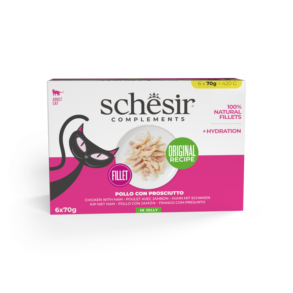 Schesir 6x70g  Supplementen in gelei kip met ham natvoer voor katten