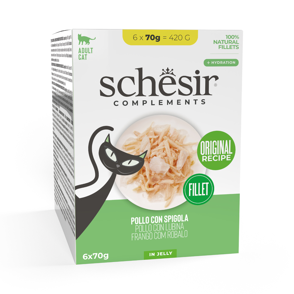 Schesir 6x70g Kip met zeebaars  Complementen in gelei natvoer voor katten