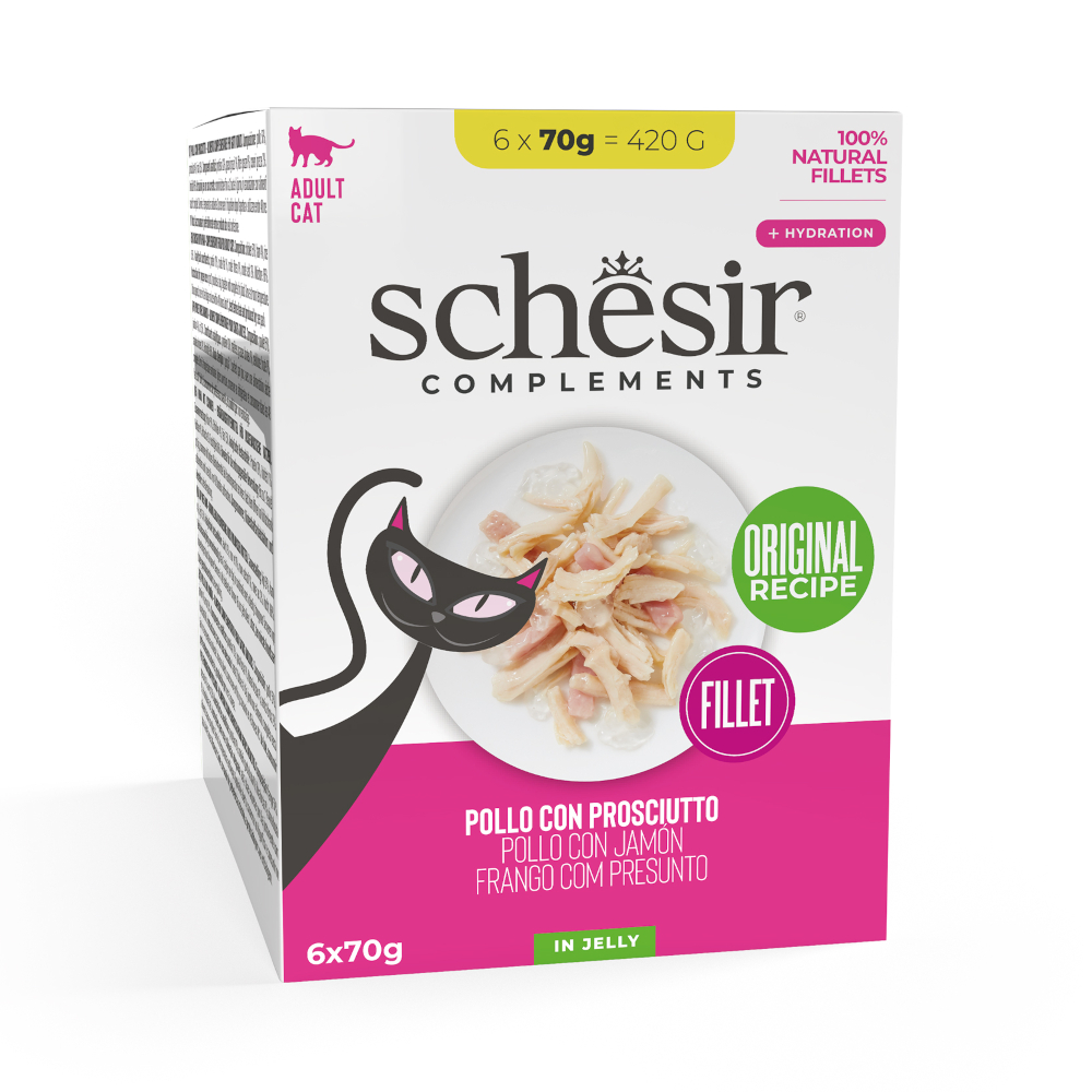 Schesir 6x70g Kip met ham  Complementen in gelei natvoer voor katten