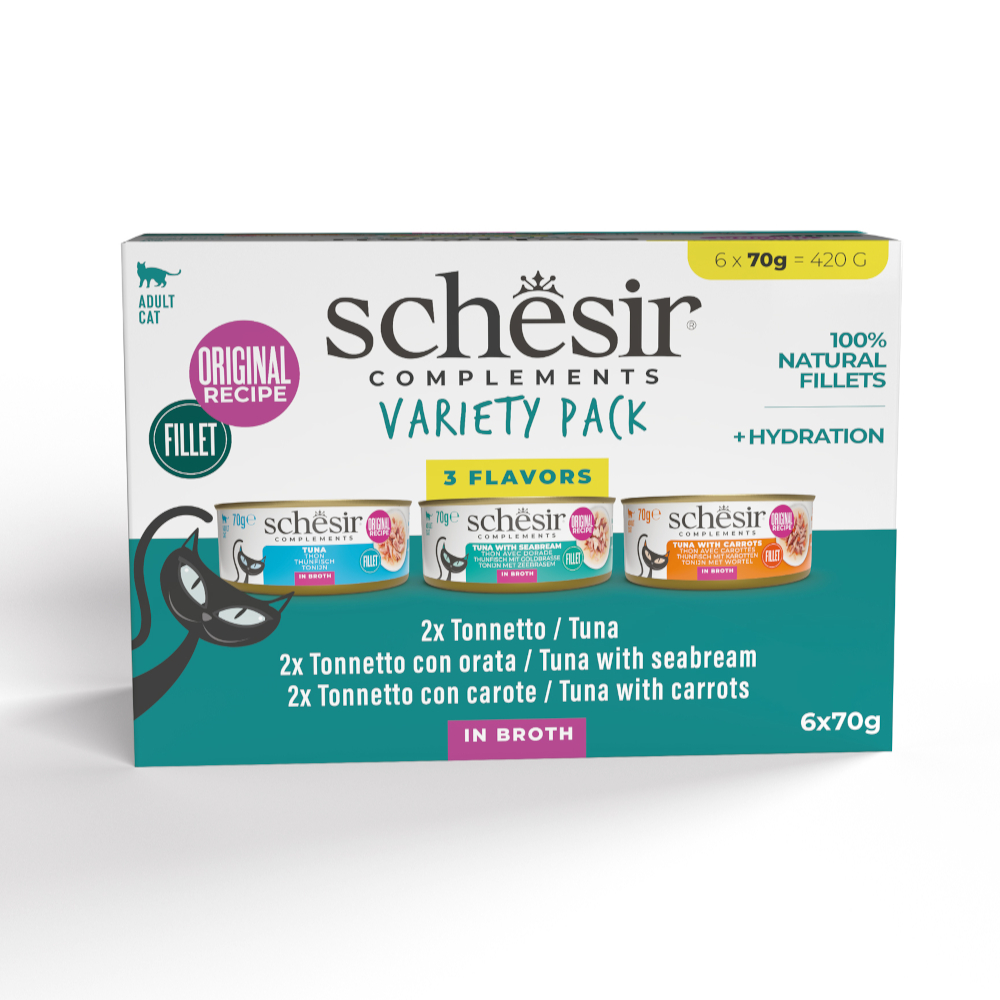 Schesir 6x70g  Supplementen in bouillon Mix (3 soorten) natvoer voor katten