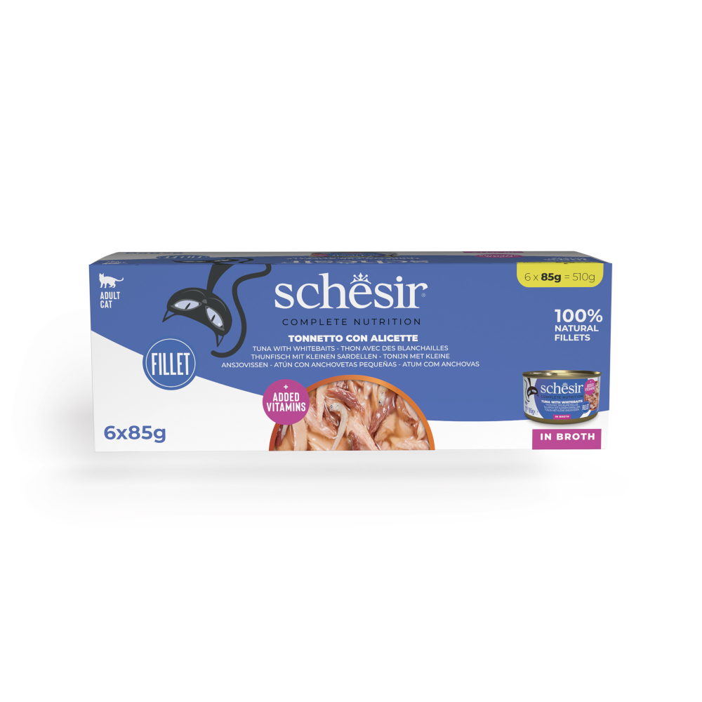 Schesir 6 x 85g  Complete Nutrition in Bouillon tonijn met witte vis natvoer voor katten