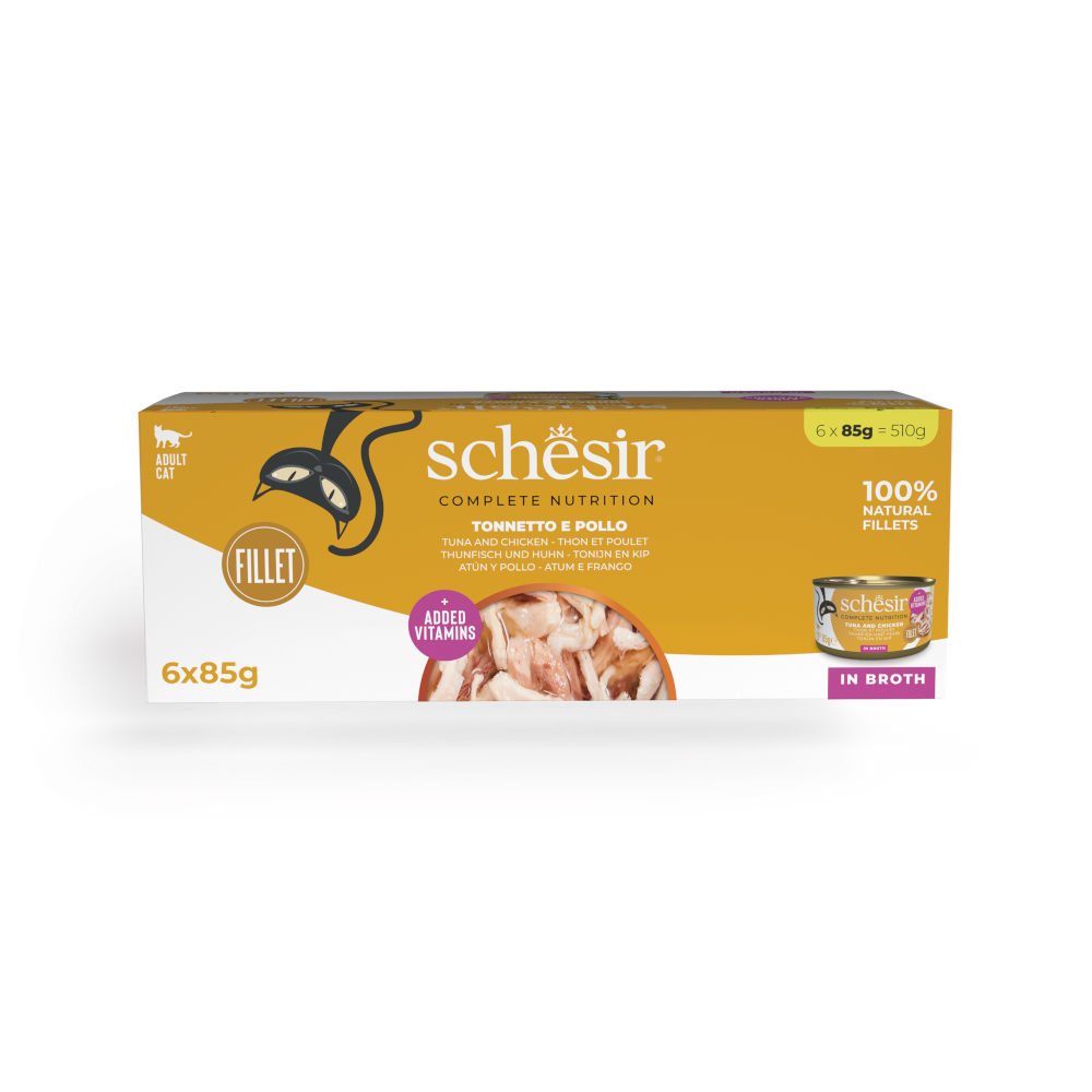 Schesir 6 x 85g  Complete Nutrition in Broth tonijn en kip natvoer voor katten