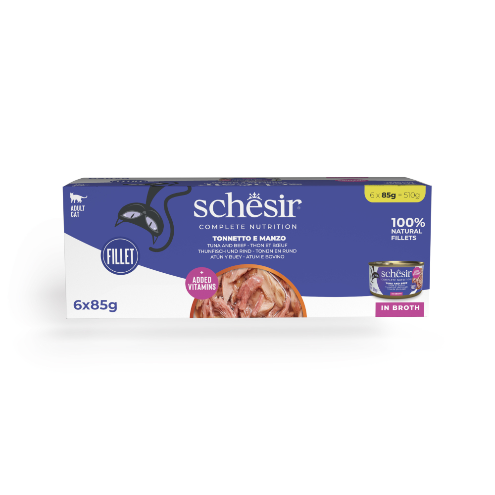 Schesir 6 x 85g  Complete Nutrition in Bouillon Tonijn en Rund natvoer voor katten