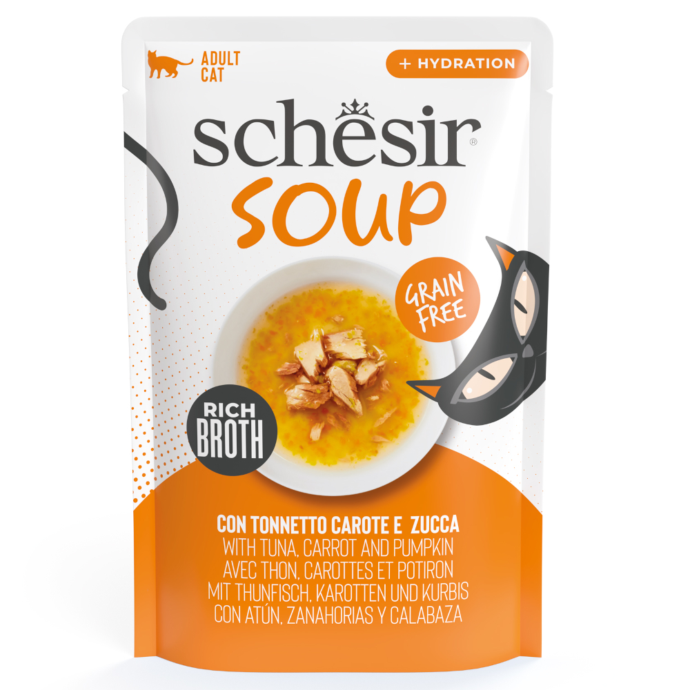 Schesir 12x40g tonijn, wortels en pompoen  kattensoep natvoer voor katten