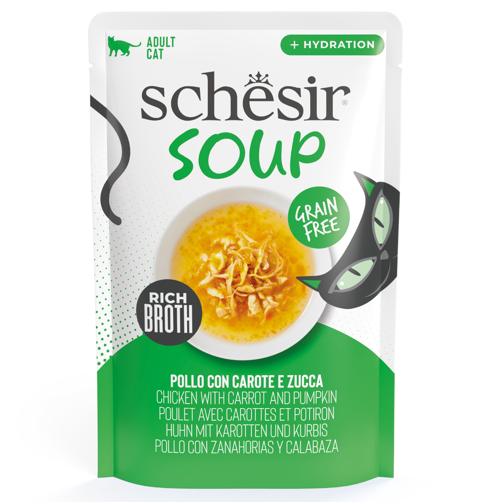 Schesir 12x40g Kip met wortels en pompoen  kattensoep natvoer voor katten