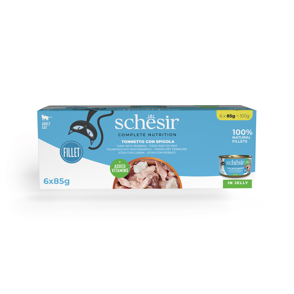 Schesir 6x85g Tonijn met zeebaars  Complete Voeding filet in gelei  kattenvoer in gelei Natvoer voor katten