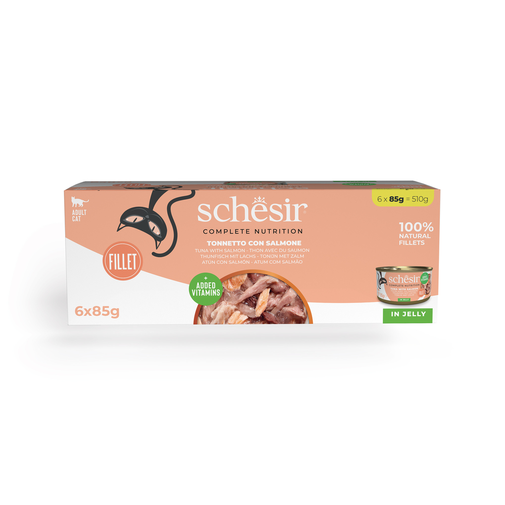 Schesir 6x85g Tonijn met zalm  Complete Voeding filet in gelei  kattenvoer in gelei Natvoer voor katten