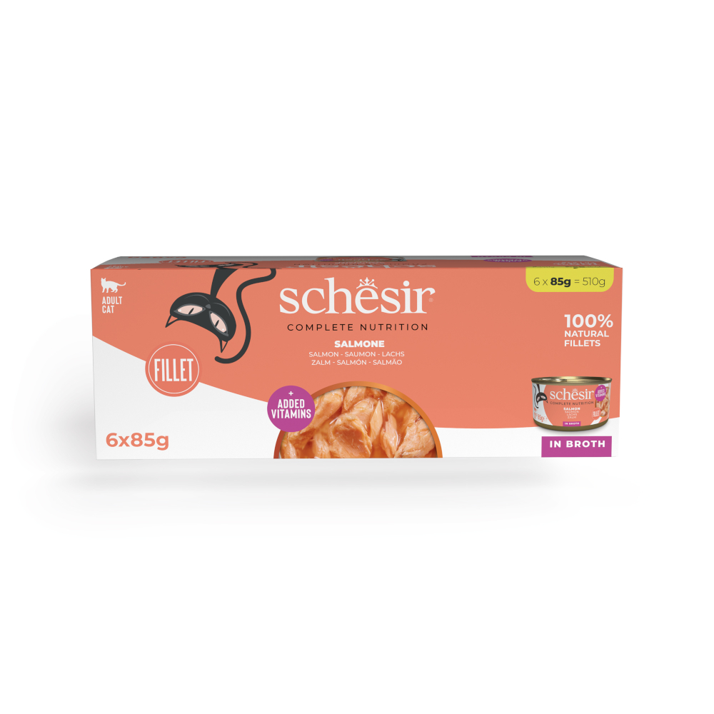 Schesir 6 x 85g  Complete Nutrition in Broth zalm natvoer voor katten