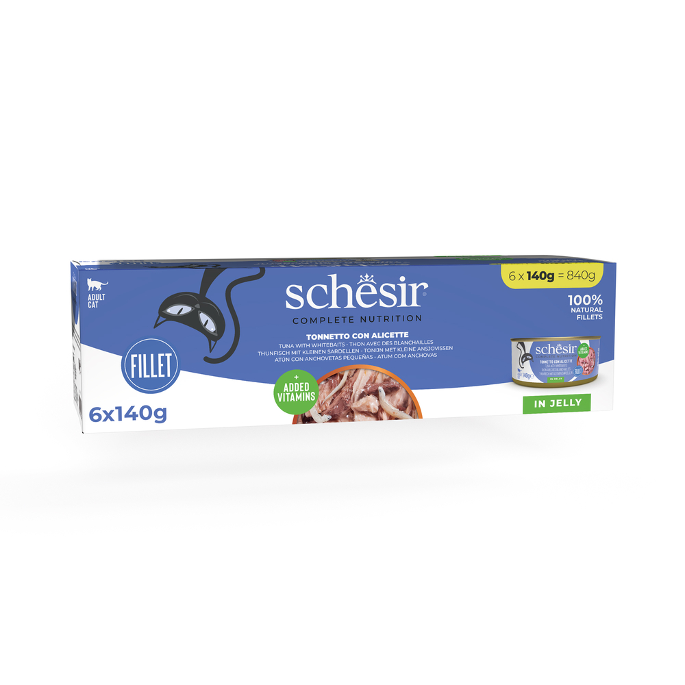 Schesir 6x140g Tonijn met witte vis  Complete voeding in gelei natvoer voor katten