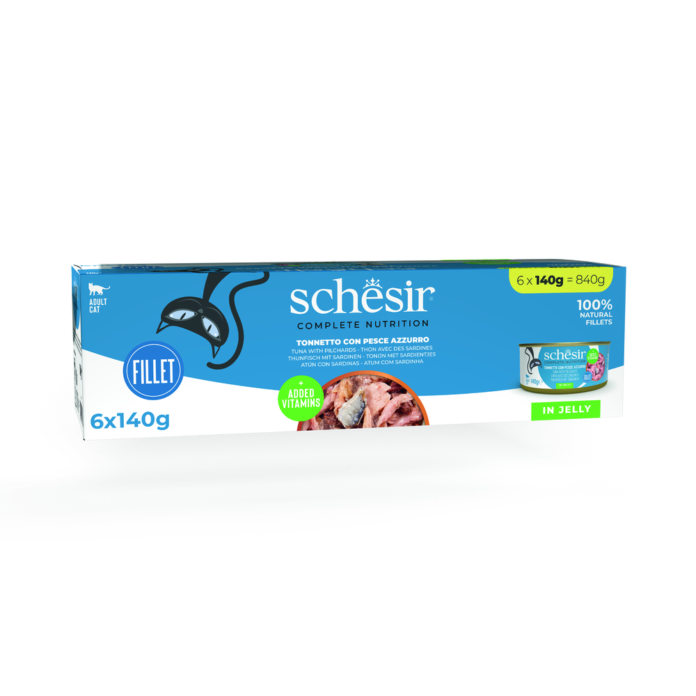 Schesir 6x140g Tonijn met sardines  Complete Nutrition in gelei natvoer voor katten