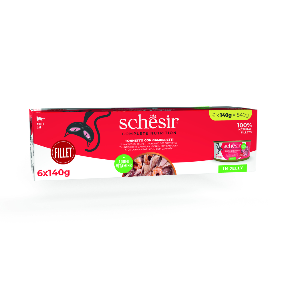 Schesir 6x140g Tonijn met garnalen  Complete Nutrition in gelei natvoer voor katten