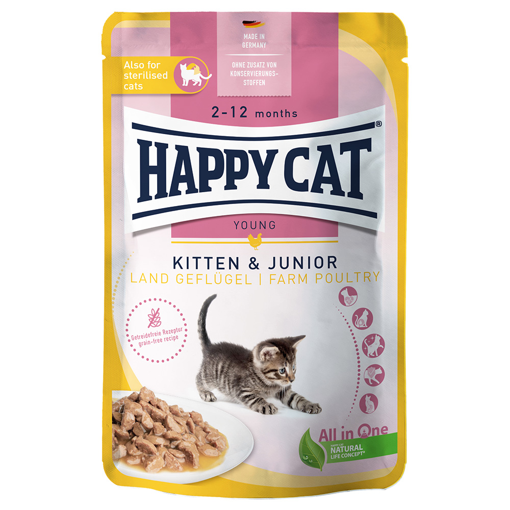 Happy Cat Voordeelpakket  Pouch Meat in Sauce 24 x 85 g - Land-Geflügel (Kip) Kitten