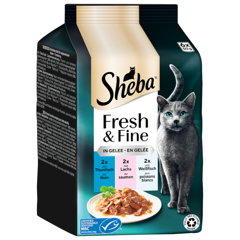Sheba Megapack  Fresh & Fine Kattenvoer 6 x 50 g - Tonijn, Zalm & Witvis in Gelee