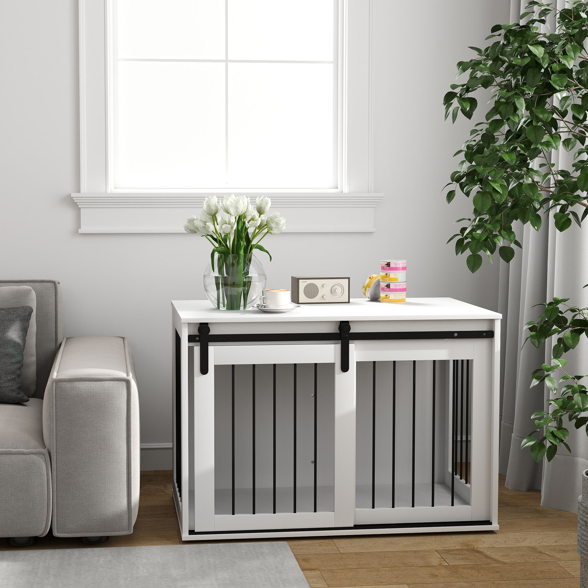 PawHut hondenkooi, stevige schuifdeur, optimale ventilatie, spaanplaat en staal, 98 x 58 x 61 cm, eenvoudig te reinigen, wit | Aosom.nl