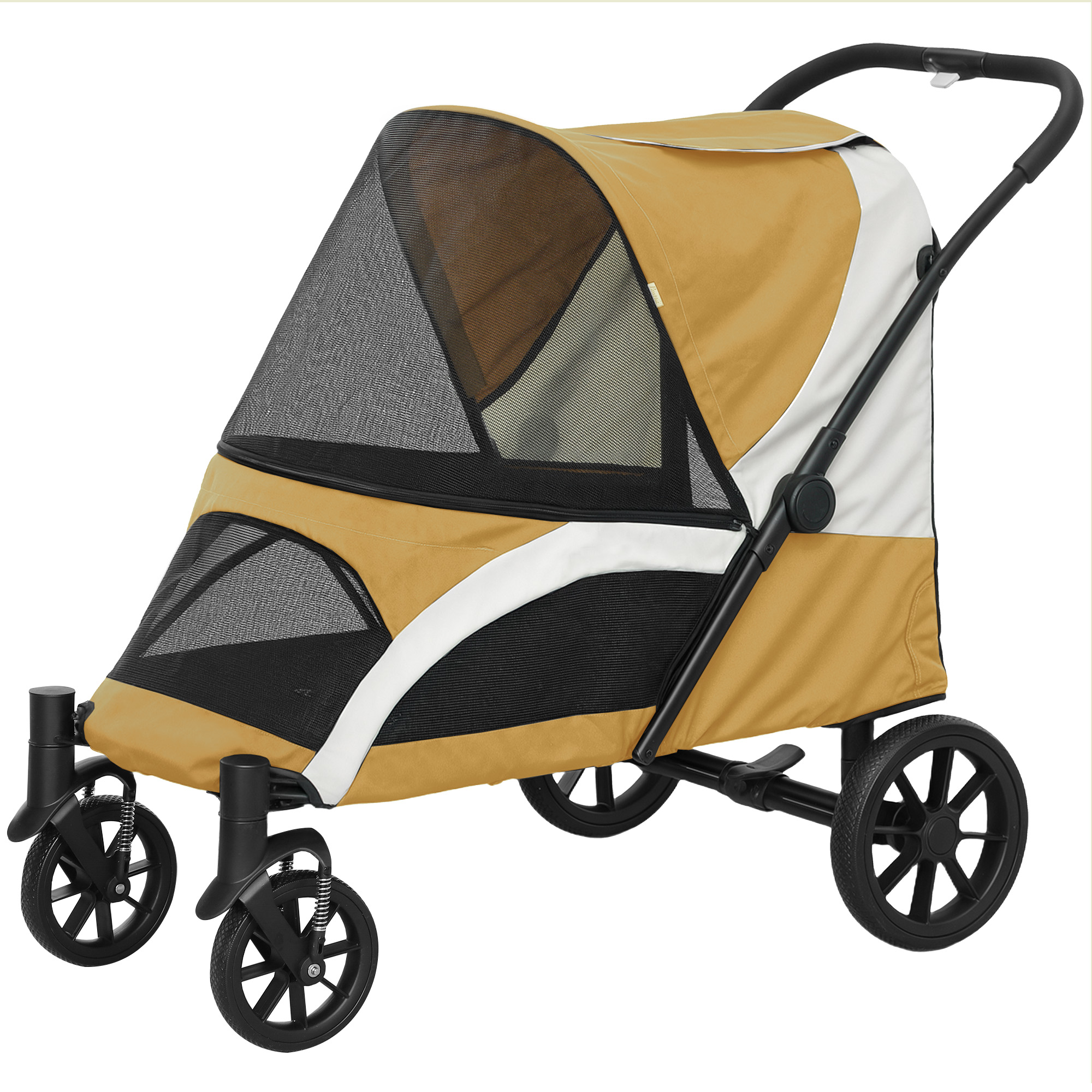 PawHut Hondenwagen, Opvouwbare hondenbuggy voor grote honden, huisdierenwagen met 4 wielen, veiligheidslijnen, remmen, bruin
