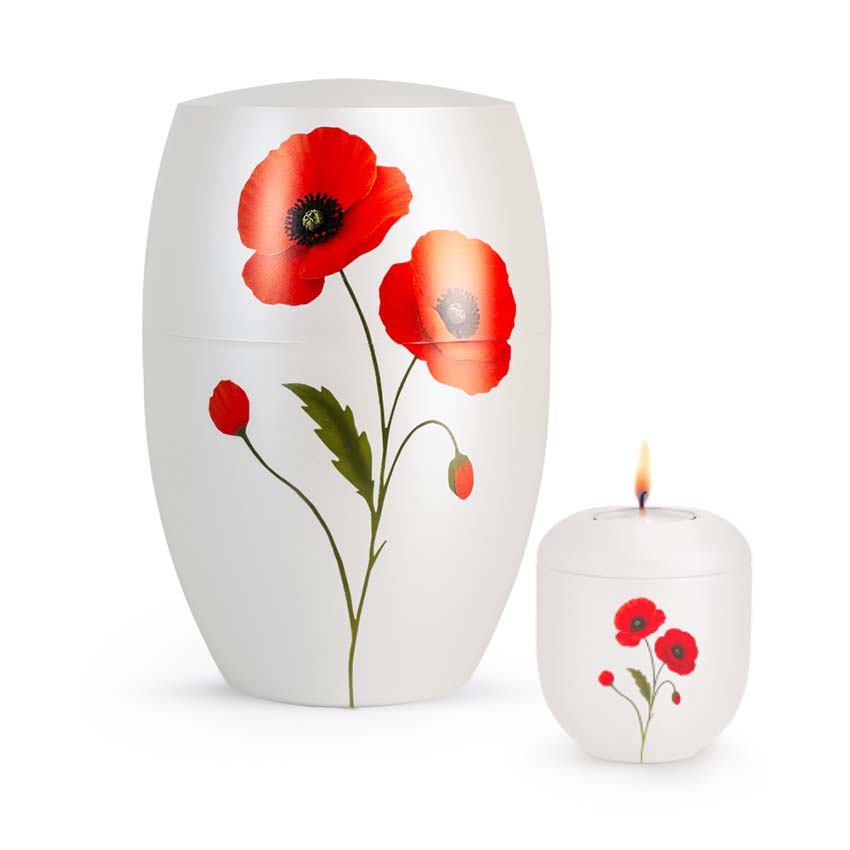 Urnwebshop Grote Bio Infinity Dierenurn en Mini Waxinelicht Urn Klaprozen (4.3 liter)
