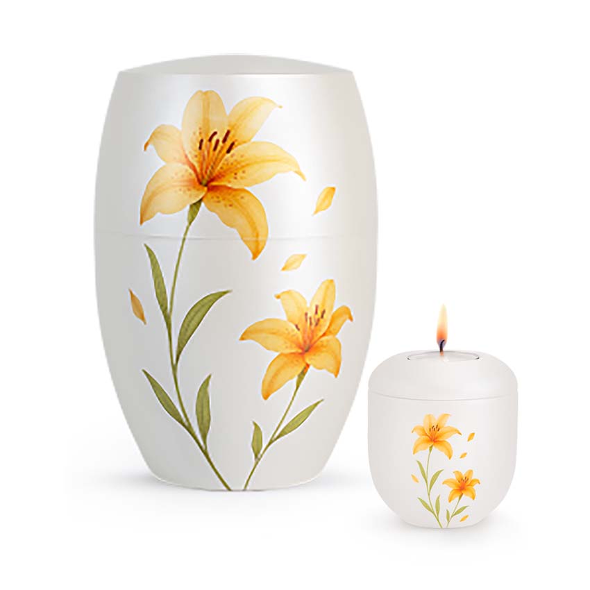 Urnwebshop Grote Bio Infinity Dierenurn en Mini Waxinelicht Urn Gele Lelies (4.3 liter)