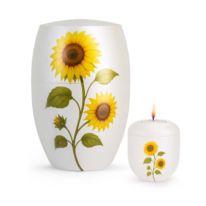Urnwebshop Grote Bio Infinity Dierenurn en Mini Waxinelicht Urn Zonnebloemen (4.3 liter)