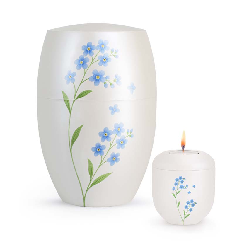 Urnwebshop Grote Bio Infinity Dierenurn en Mini Waxinelicht Urn Vergeet-Mij-Nietjes (4.3 liter)