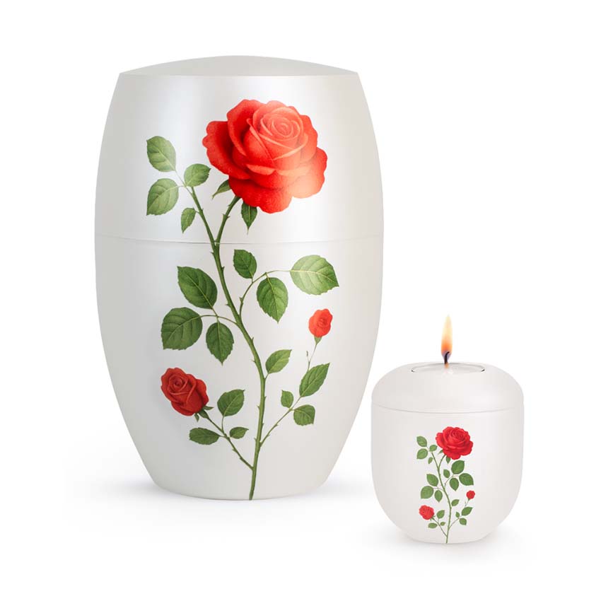 Urnwebshop Grote Bio Infinity Dierenurn en Mini Waxinelicht Urn Rode Rozen (4.3 liter)