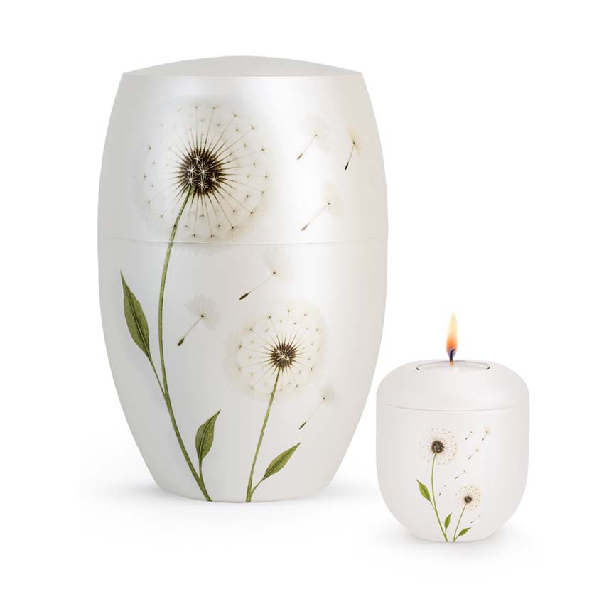 Urnwebshop Grote Bio Infinity Dierenurn en Mini Waxinelicht Urn Paardenbloemen (4.3 liter)