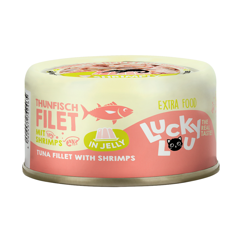 Lucky Lou 12x 70g  Extra Voer in Gelei Tonijnfilet met Garnalen nat kattenvoer