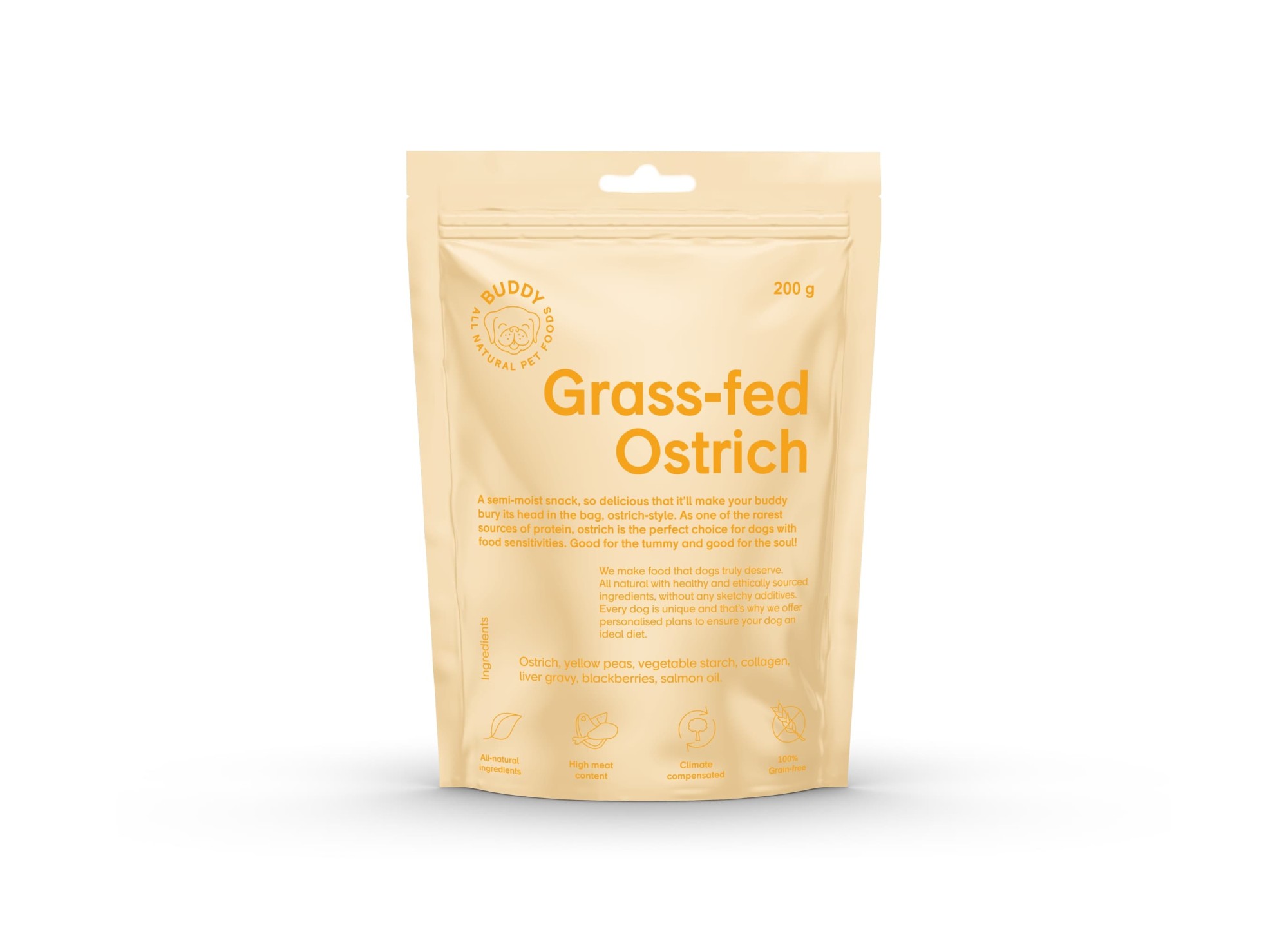 BUDDY Semi-moist hondensnack Struisvogel met bramen 200 gr.