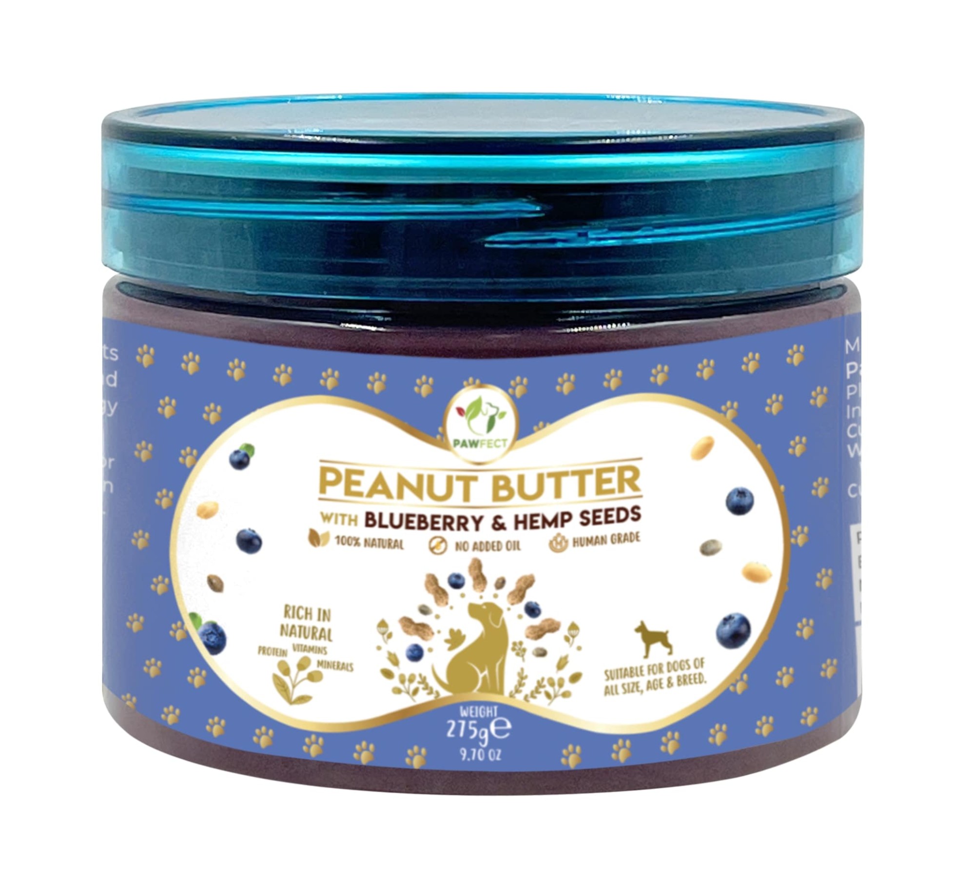 Pawfect Pindakaas voor de hond Blauwe bessen&Hennepzaden 275 gr.