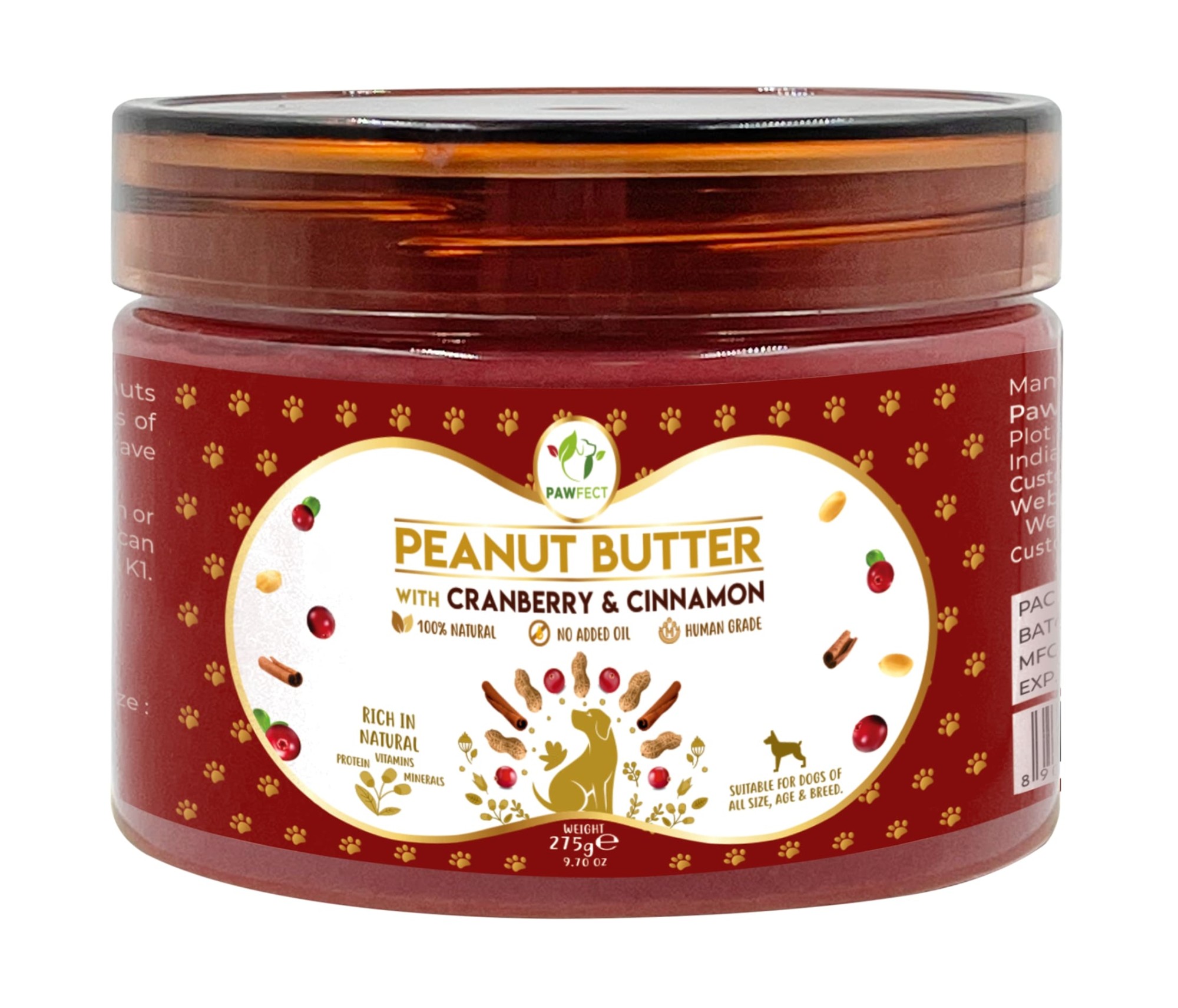 Pawfect Pindakaas voor de hond Veenbessen&Kaneel 275 gr.