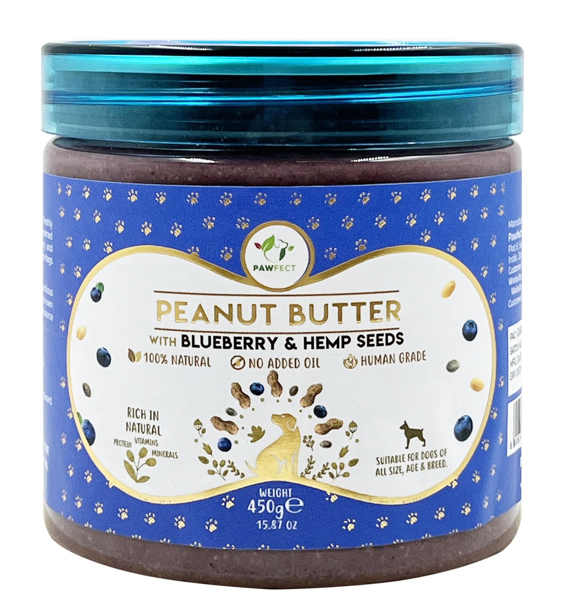 Pawfect Pindakaas voor de hond Blauwe bessen&Hennepzaden 450 gr.