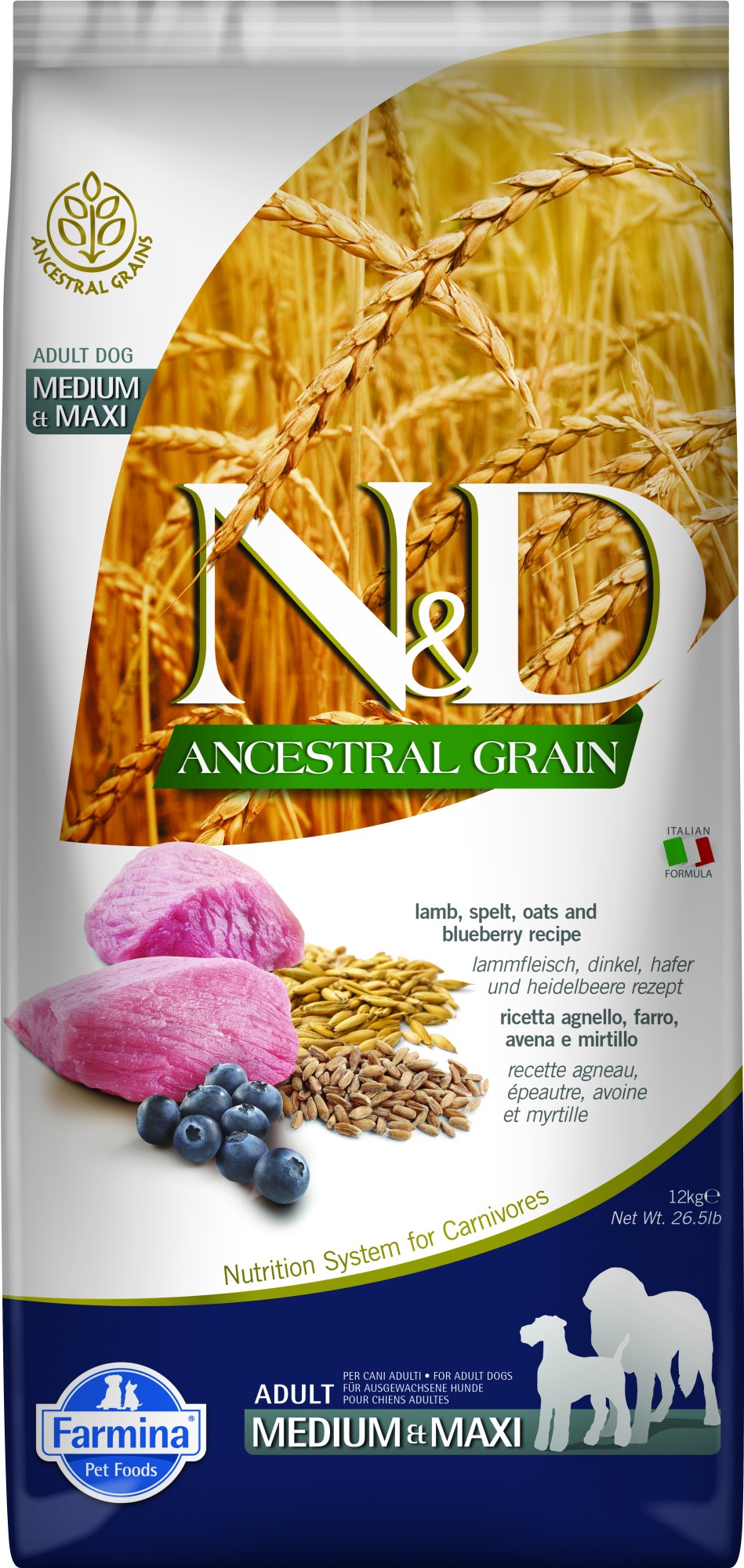 N&D Ancestral Grain hondenvoeding Lam medium/maxi 12 kg