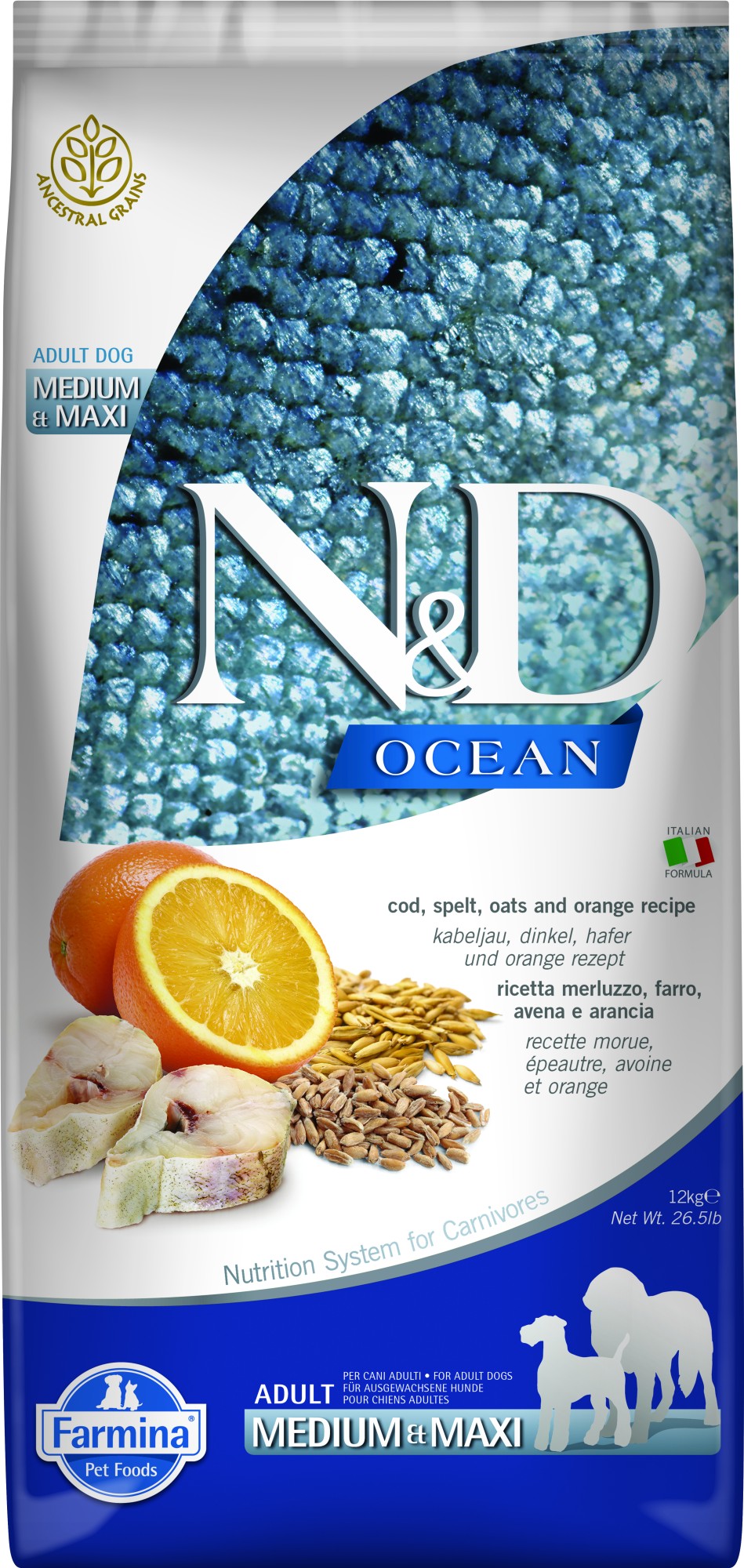 N&D Ocean hondenvoeding Kabeljauw met Spelt medium/maxi 12 kg
