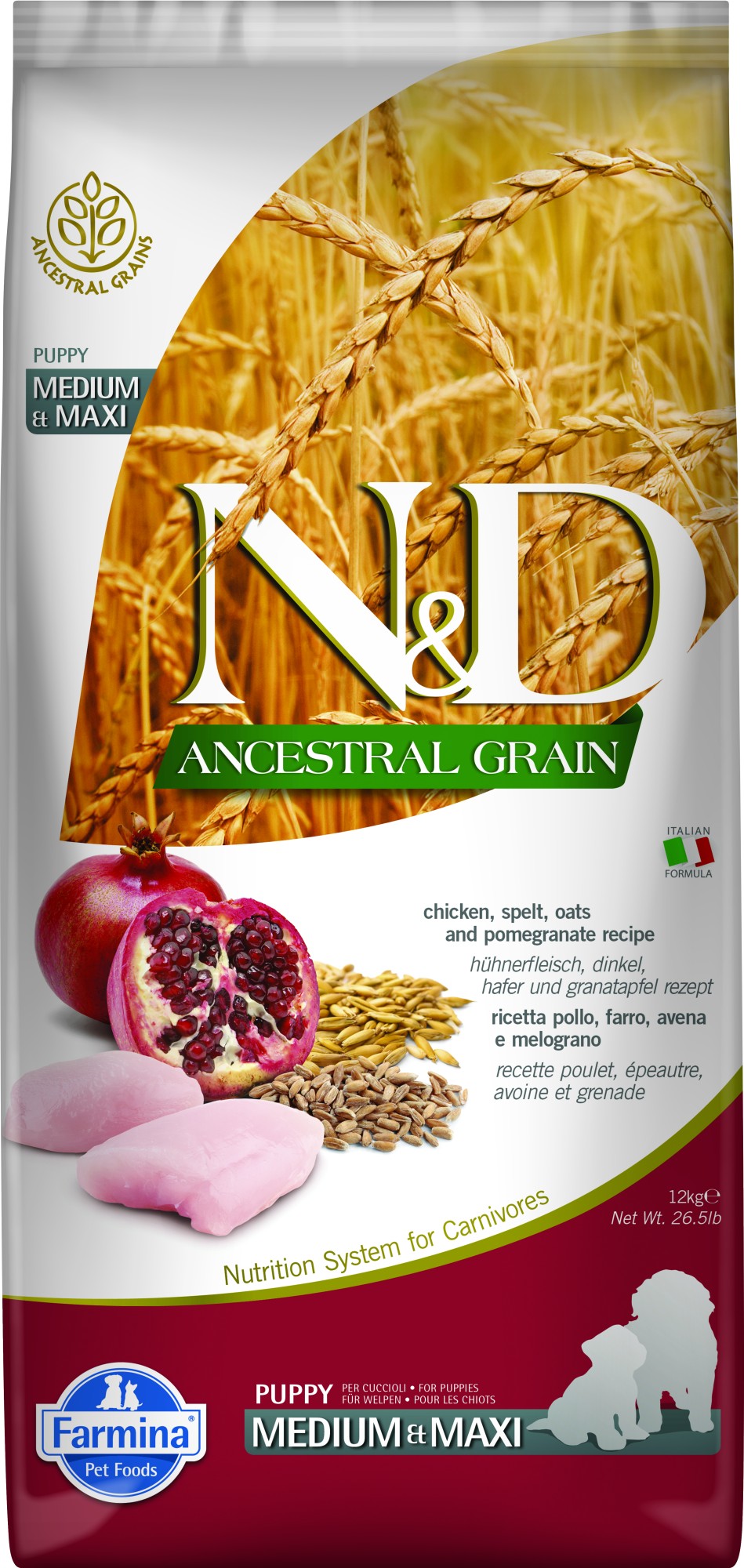 N&D Ancestral Grain Puppyvoeding Kip medium/maxi 12 kg