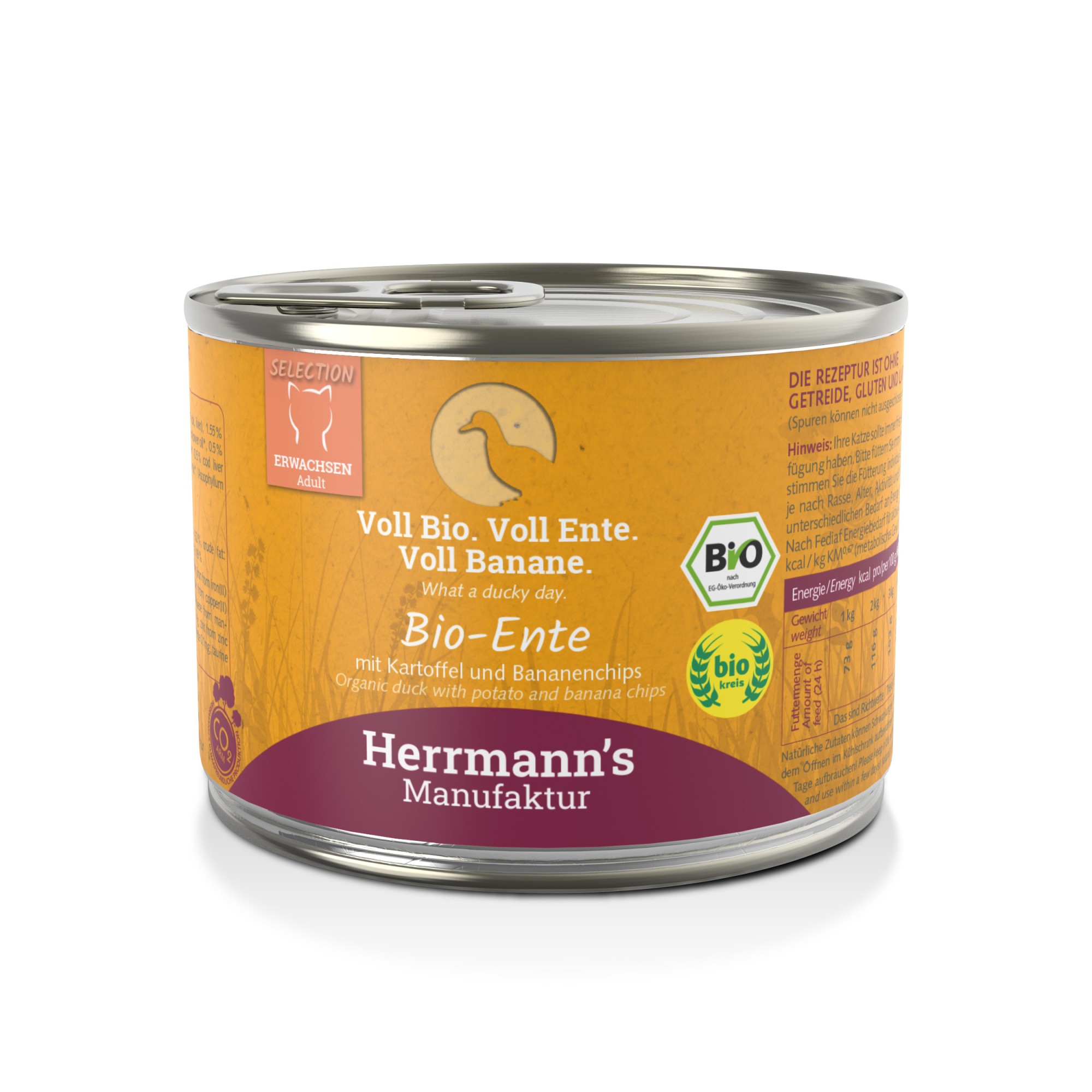 Herrmann's Bio natvoeding voor de kat Eend met aardappel 200 gr.