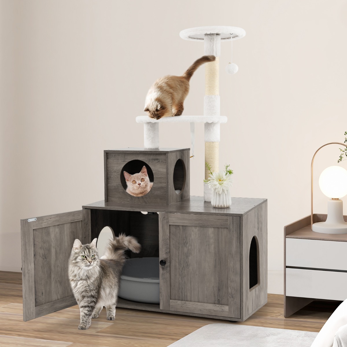 Costway Kattenkast met Krabpaal Behuizing voor Kattenbakken Kattenmeubels Grijs