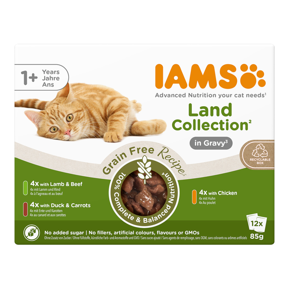 Iams Voordeelpak: 48x85g  Advanced Nutrition Grain Free Land Collection in Sauce nat kattenvoer