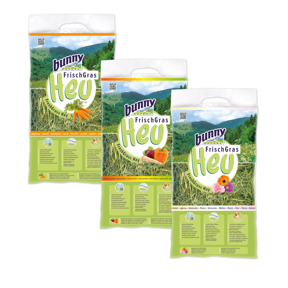 BunnyNature 3x500g Bunny FreshGrass Hooi Set Wortel, Vitaal, Bloesem Hooi voor Kleine Dieren