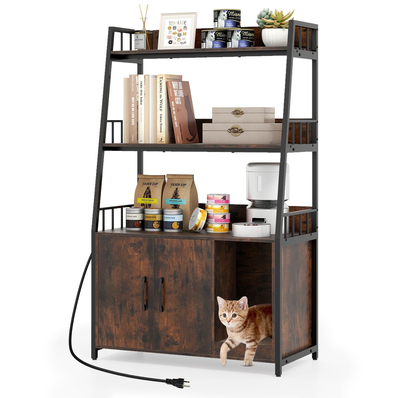 Costway Kattenkast met Boekenplank Oplaadstation 3 Niveaus Krabmat & Ingang 80 x 40 x 132 cm Bruin