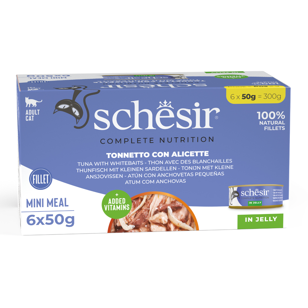 Schesir 6x50g Tonijn met witte vis  Complete voeding in gelei natvoer voor katten