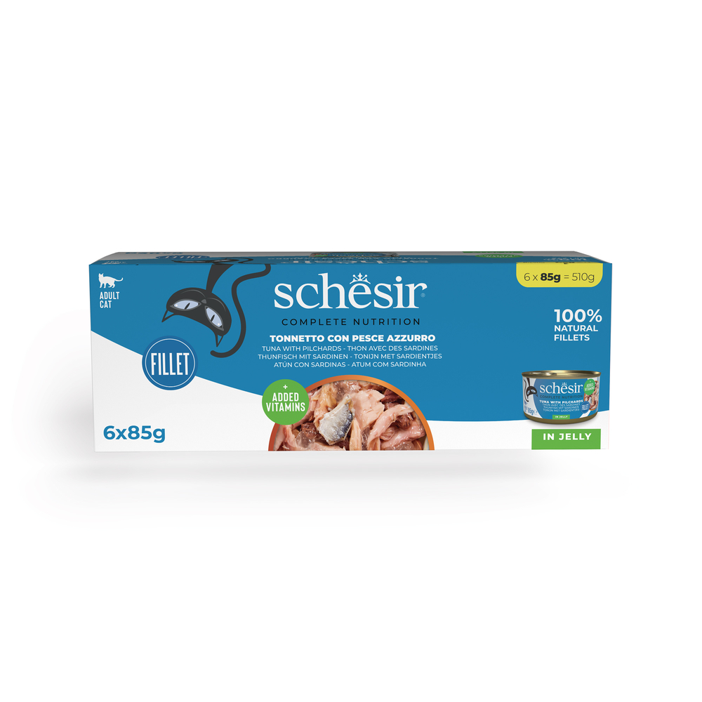 Schesir Complete Voeding filet in gelei 6 x 85 g - Tonijn met Sardinen