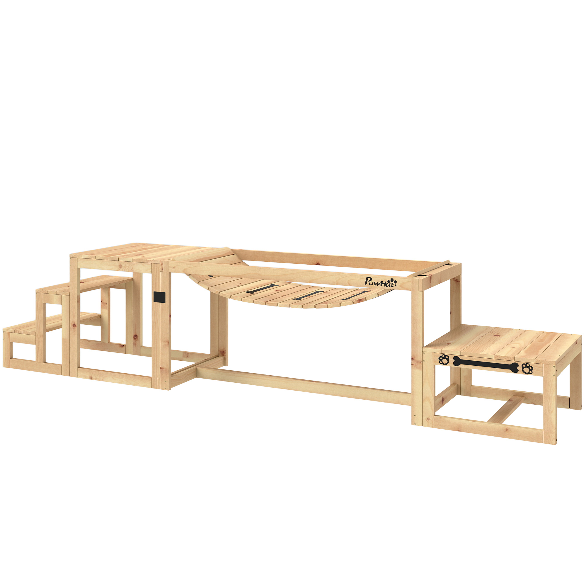 PawHut Agility-Set voor Honden, Trainingsopstelling met Brug, Trap, Platform, Sparrenhout, voor Grote Honden tot 40 kg