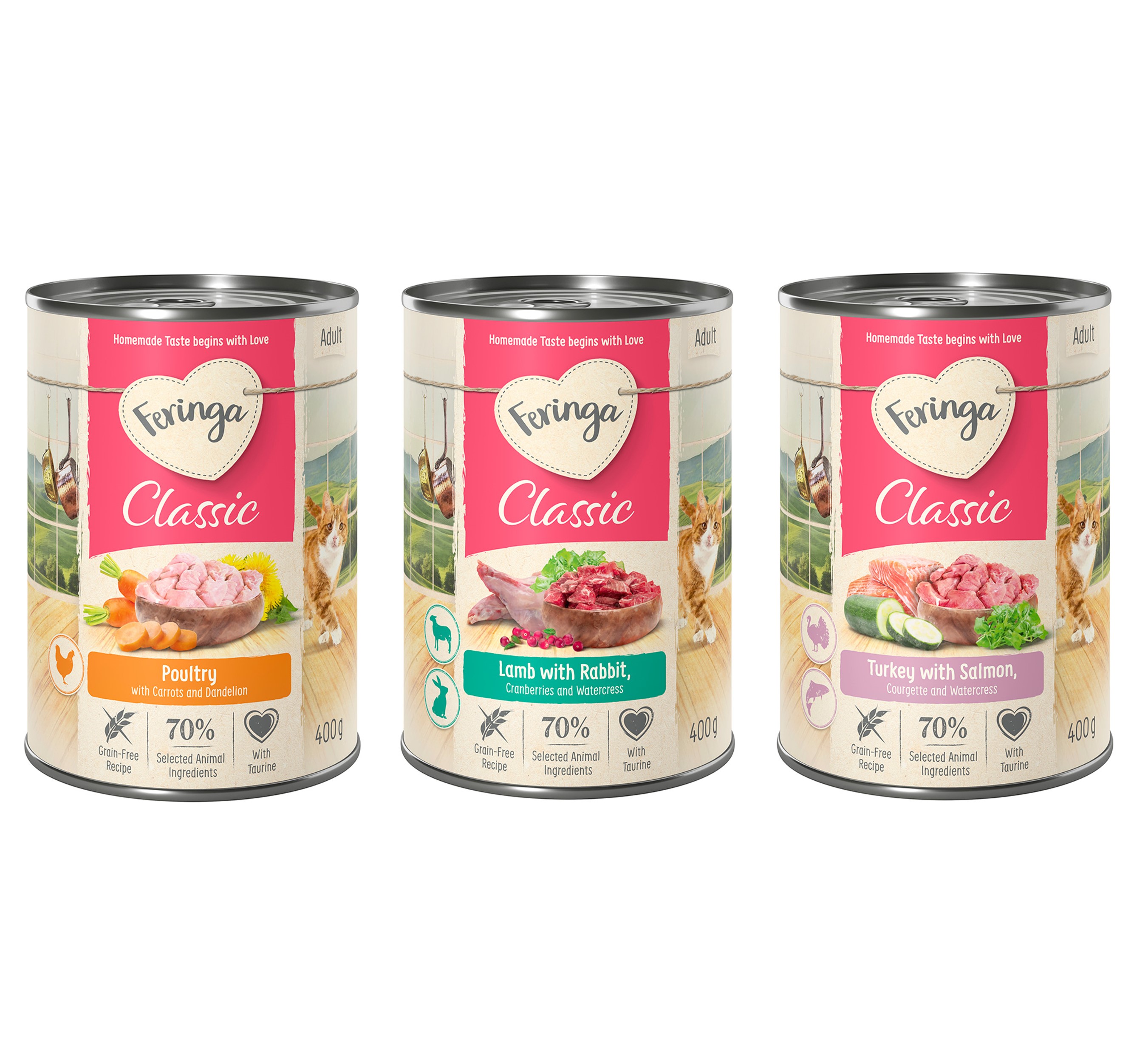 Feringa 24x400g  Classic Meat  Mixpakket 4 (Gevogelte, Lam & Konijn, Zalm & Kalkoen)Menu Kattenvoer
