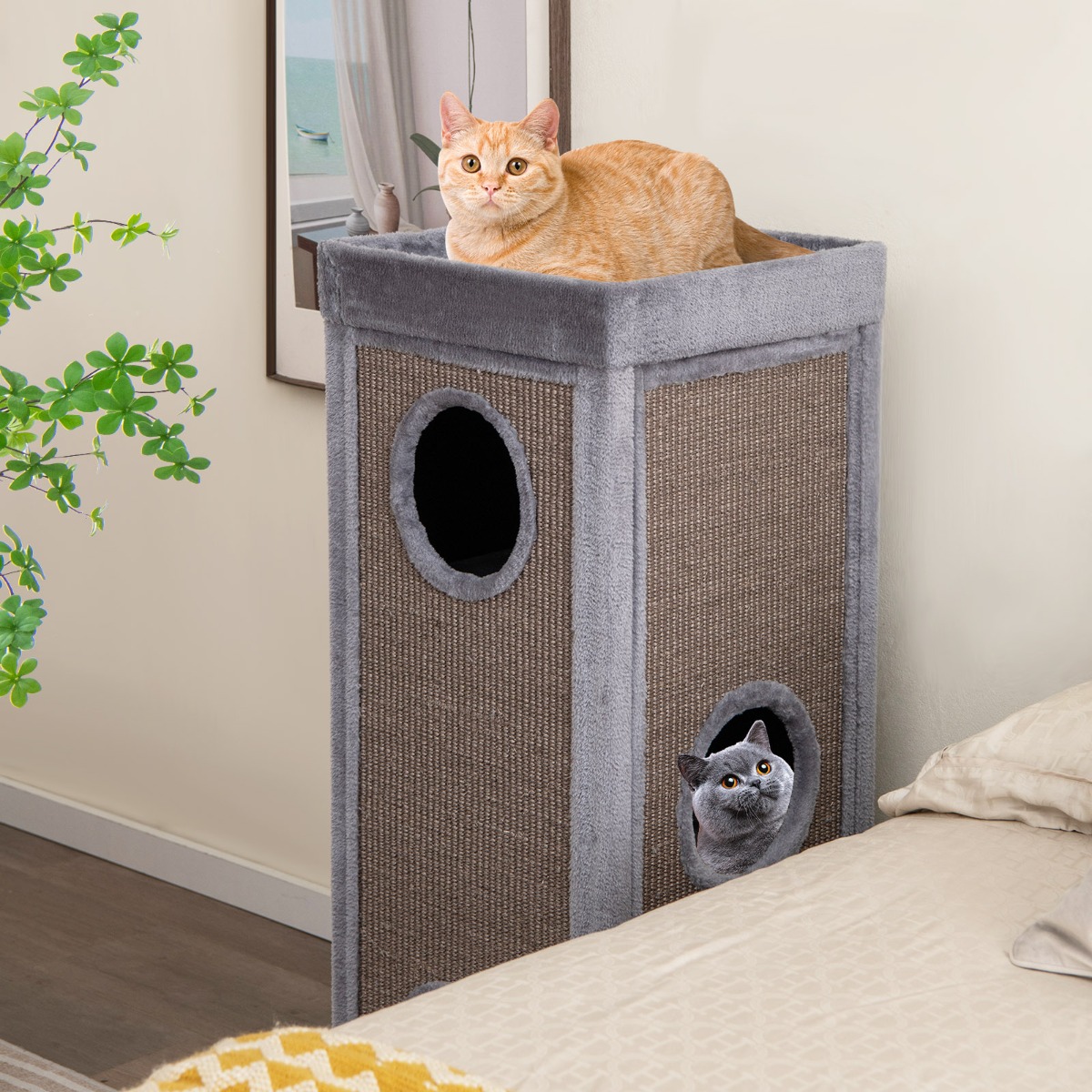 Costway 4-Verdiepingen Kattenhuis 99 cm Hoge Kattencondominium met Krabpaal 3 Schuilplaatsen Grijs