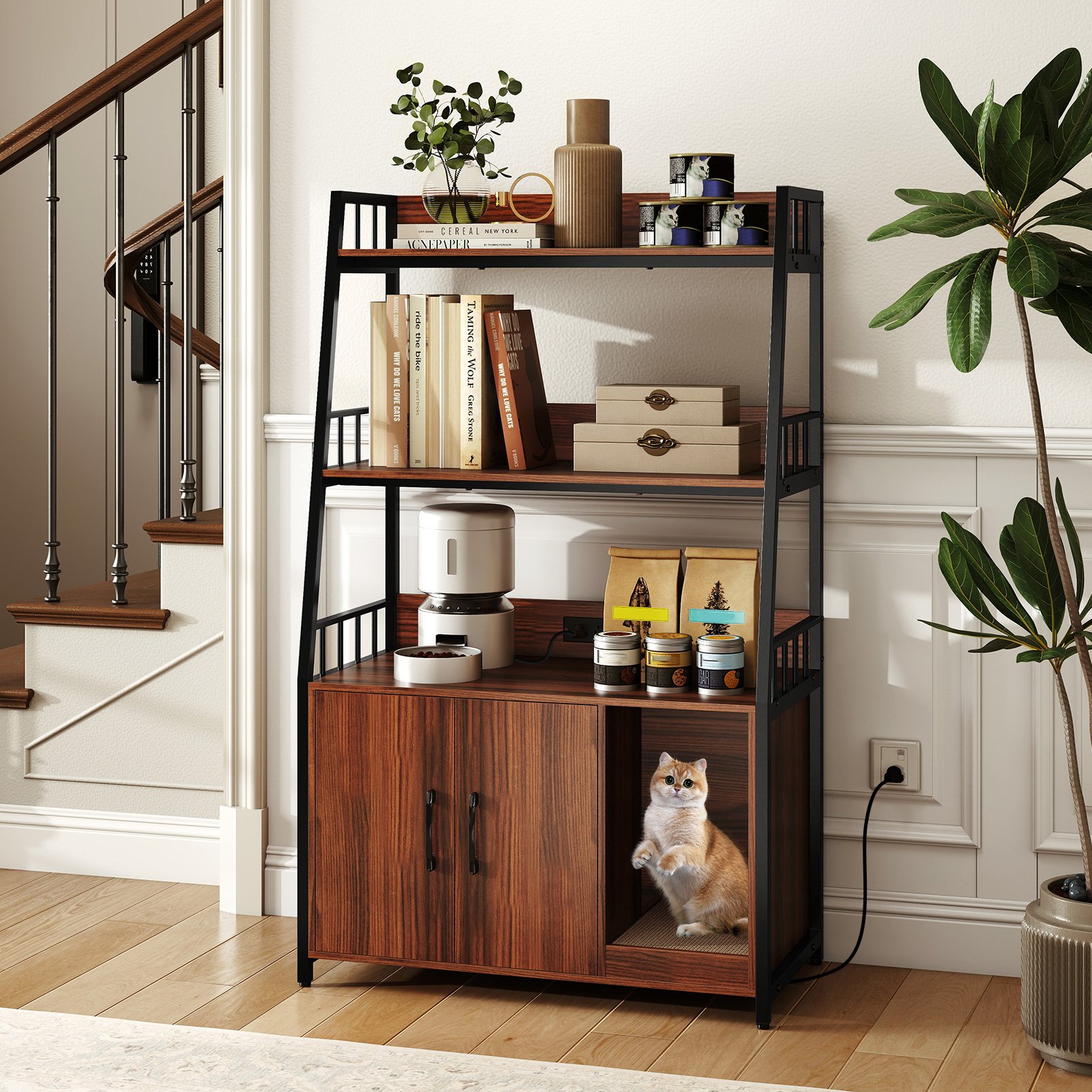 Costway Kattenkast met Boekenplank Oplaadstation 3 Niveaus Krabmat & Ingang 80 x 40 x 132 cm Walnoot